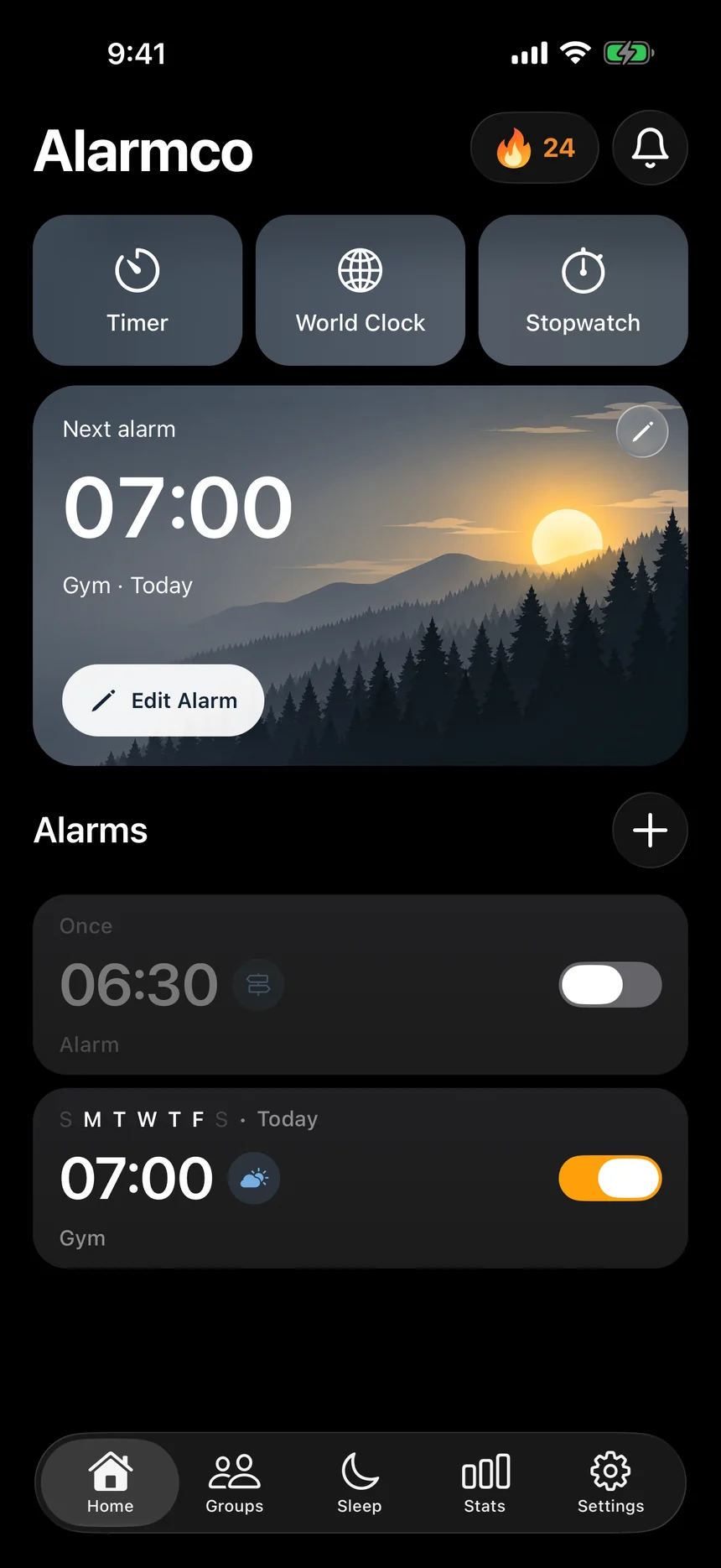 Alarmco's Home screen with the next alarms
