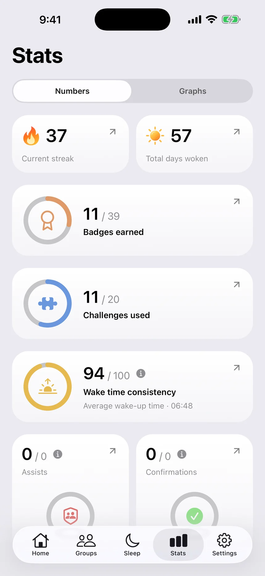 Alarmco's Stats page with streaks, badges and wake-up times
